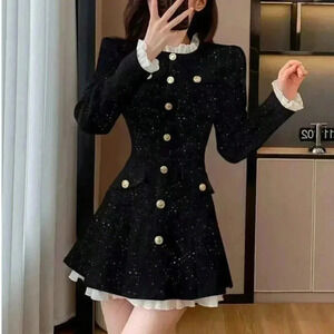 Black Elegant Women's Sequin Tweed Spliced Pleated Single Breasted Mini Dress
